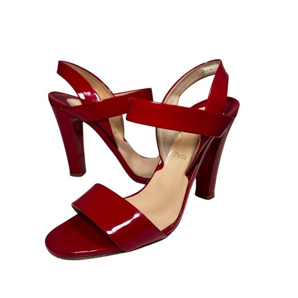 Christian Louboutin Red Patent Leather Ankle Strap Block Heel Sandals EU 38.5/8 - Picture 5 of 11